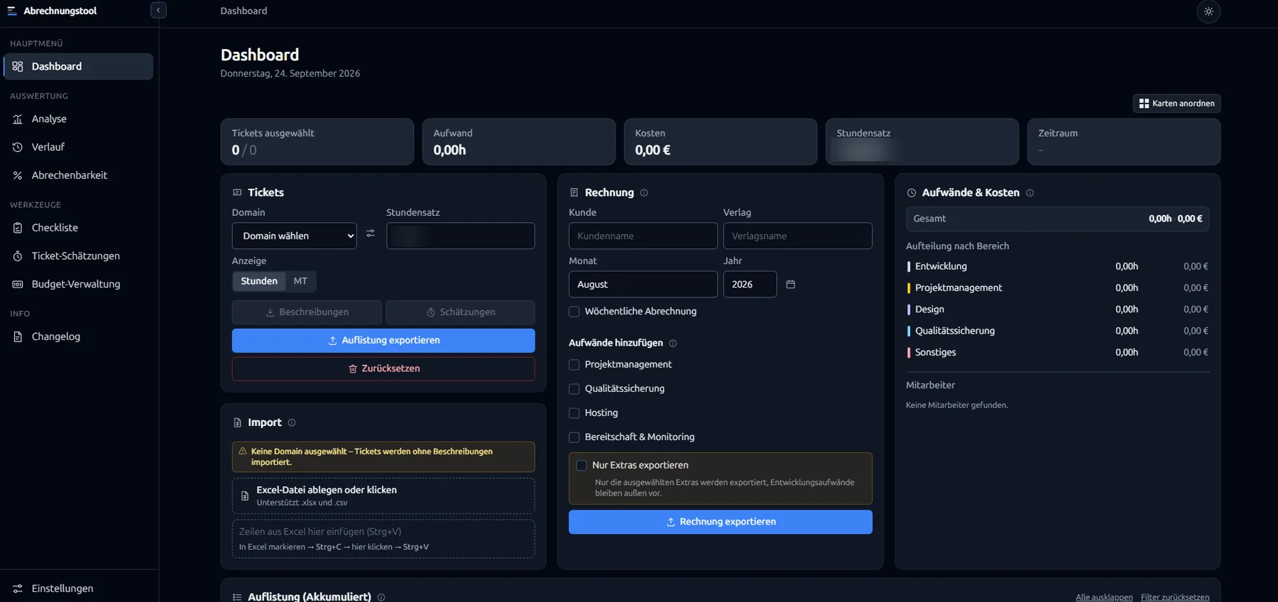 Dashboard des Abrechnungstools mit Tickets, Rechnung und Aufteilung der Aufwände nach Bereich