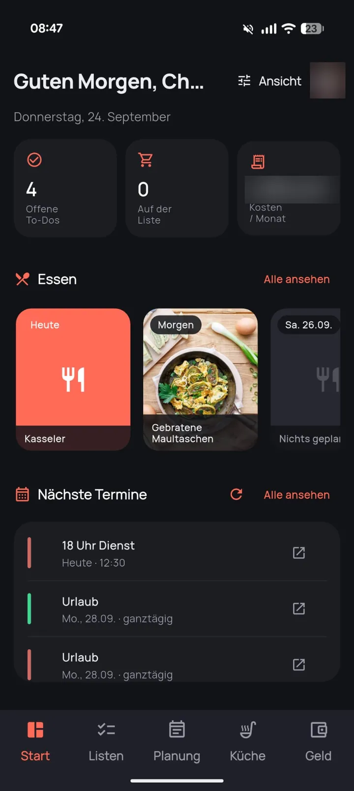 Hestia: Startseite mit To-Dos, Essensplan und Terminen